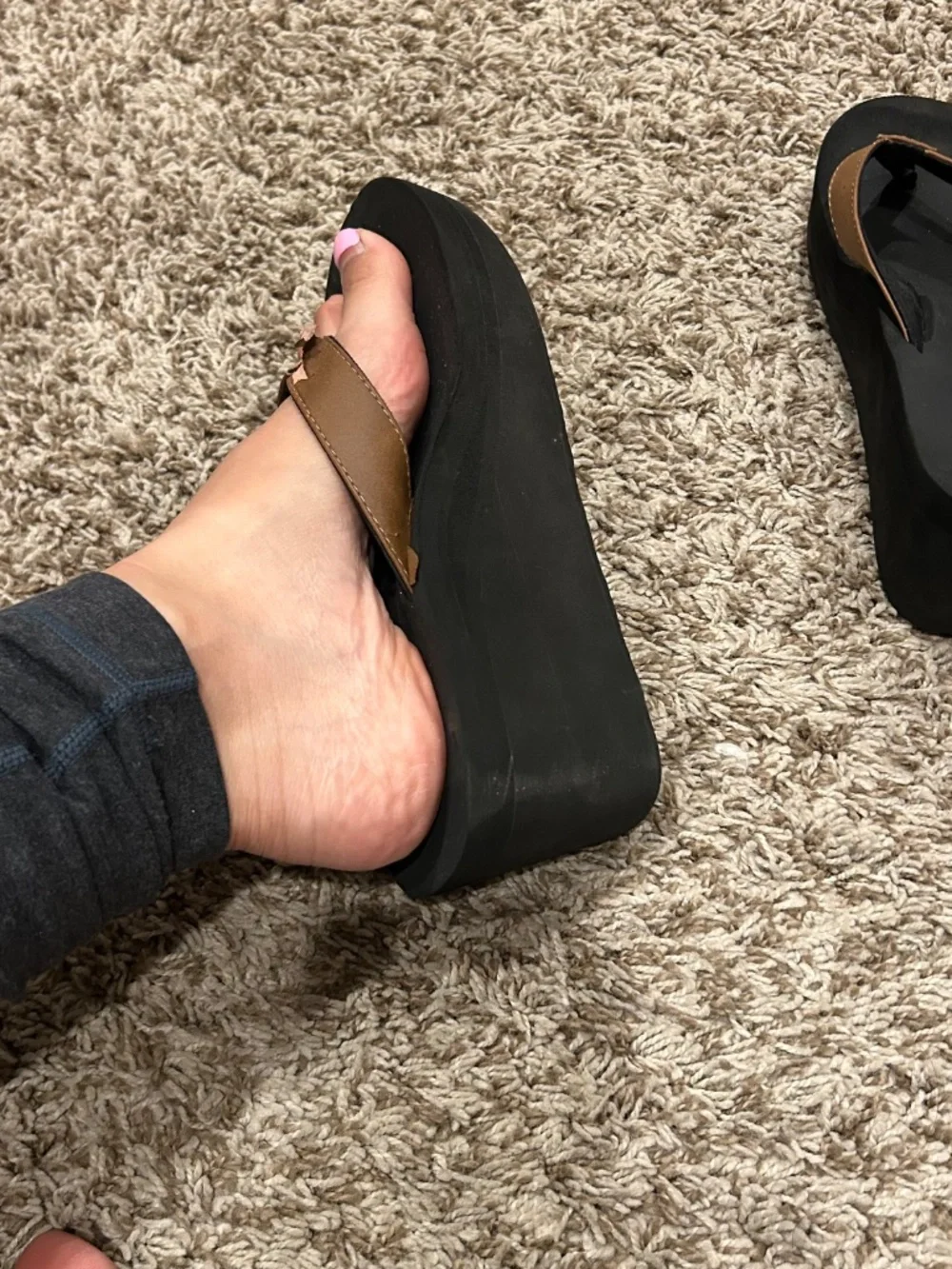 Vintage Y2K Black Platform Wedge Flip Flops Brown Straps Approx Size 7